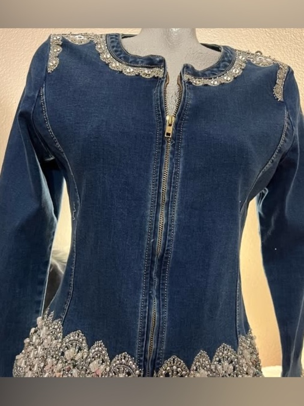Luxe Moda Embellished Lace Trim Denim Jacket Stunning Size S